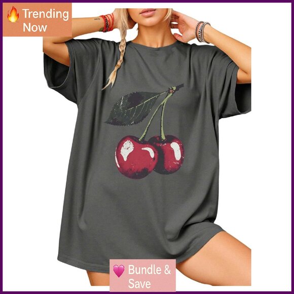 Plus Size Cherry Graphic Tee Loose Fit Short Sleeve Top - Picture 1 of 6